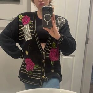 Vintage Music Lovers Women's Black Cardigan Sweater with Pink Rose Embroidery